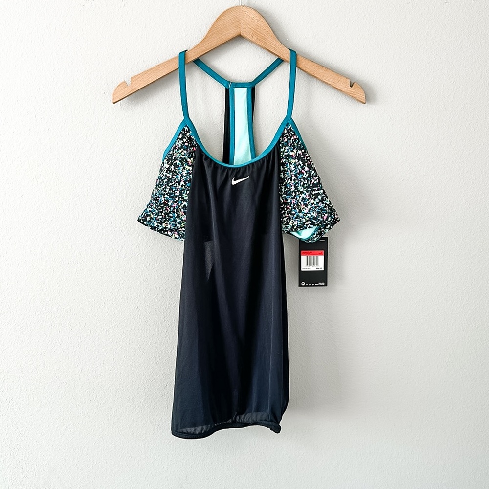 NWT Nike Tank Top w/Built in Sports Bra Black/Splatter/Teal Large